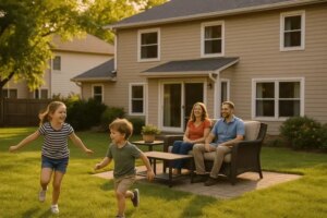 A cheerful family of four enjoying their mosquito-free backyard in the late afternoon. Kids playing, parents relaxing on patio furniture. Suburban home, summer vibe, natural lighting, warm tones.