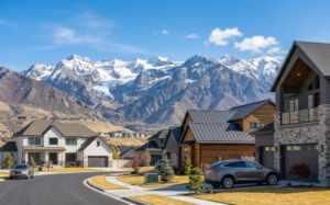 Tips For Utah Homeowners To Keep Your Garden And Lawn Pest-Free 1 Suburban neighborhood with modern houses at the base of snow-capped mountains under a clear blue sky