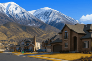 Suburban neighborhood with modern houses at the base of snow-capped mountains under a clear blue sky