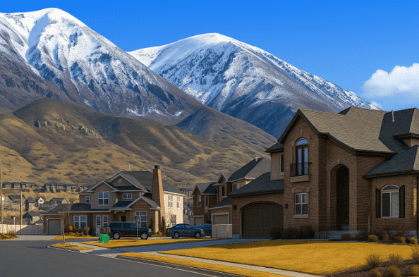 Suburban neighborhood with modern houses at the base of snow-capped mountains under a clear blue sky