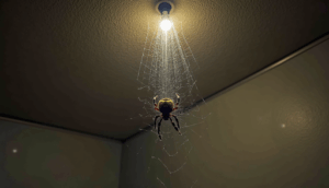 Spider hanging in the ceiling under a dimly lit light