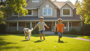 Two kids running in the yard with a dog