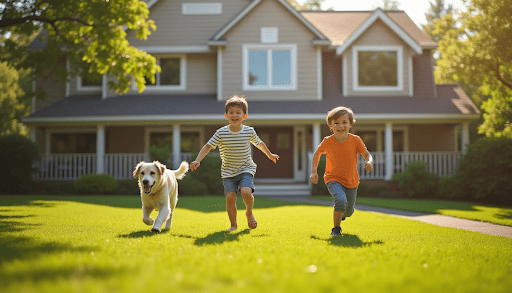 Two kids running in the yard with a dog