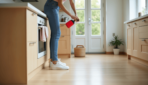 Woman using a sprayer on the floor