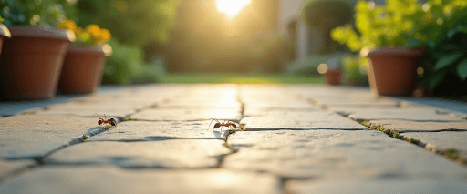 ants-crawling-on-stone-patio-pavers-at-sunset Two ants crawling across light-colored stone patio pavers in a garden setting during sunset.