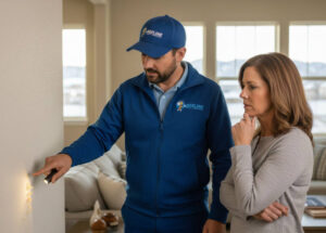 A Beeline Pest Control technician in a blue uniform using a professional sprayer to treat the exterior foundation of a home against pests.