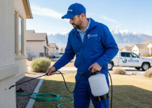 A professional Beeline Pest Control technician in a blue uniform spraying a protective barrier around the exterior foundation of a residential home.