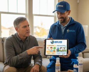 A Beeline Pest Control expert showing a digital tablet comparison of DIY methods versus professional extermination services to a homeowner.