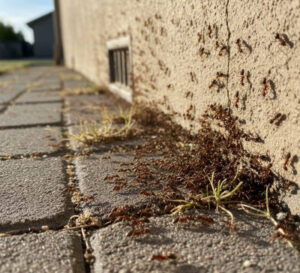 A large colony of brown ants crawling along a home's stucco wall and brick walkway, illustrating a severe outdoor pest infestation.