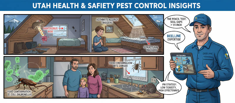 Common Utah Pests and the Health Dangers They Carry 1 Illustration showing hantavirus risk and asthma triggers in a home environment.