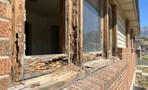 Termite Control: How to Detect, Prevent, and Permanently Get Rid of Termites 1 Severely termite-eaten wooden window frame with visible tunnels and mud tubes on a brick house.