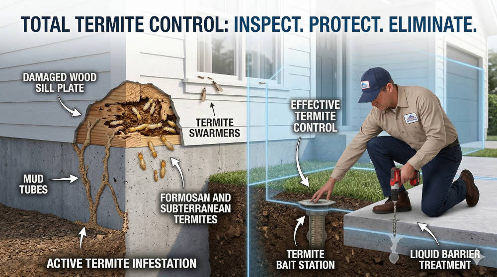 Termite Control: How to Detect, Prevent, and Permanently Get Rid of Termites 2 Diagram illustrates termite infestation (damage, mud tubes) and professional control (bait, liquid barrier).