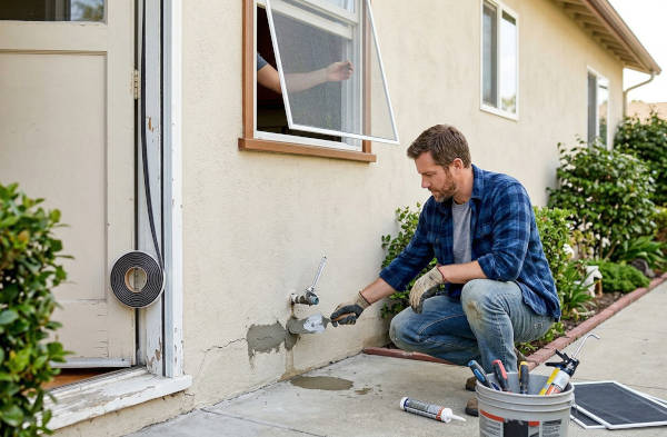 Man patching exterior wall crack, installing window screen, and applying door weatherstripping.
