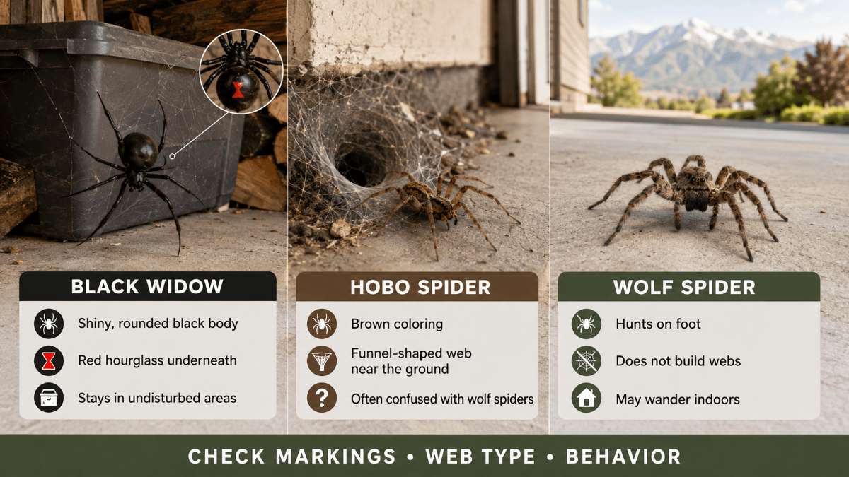 How can you tell a black widow or hobo spider from a harmless house spider