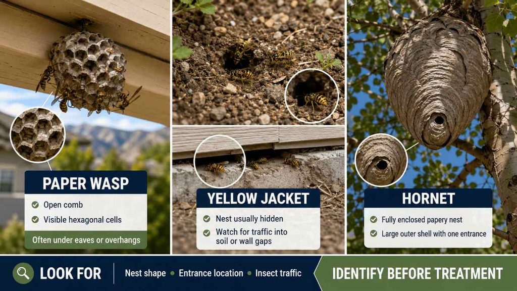 How do you identify a wasp nest and tell it apart from a bee or hornet nest