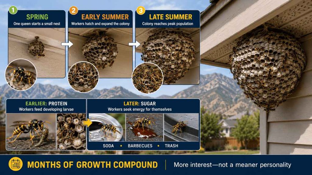 Why do wasp nests get bigger and more aggressive by late summer