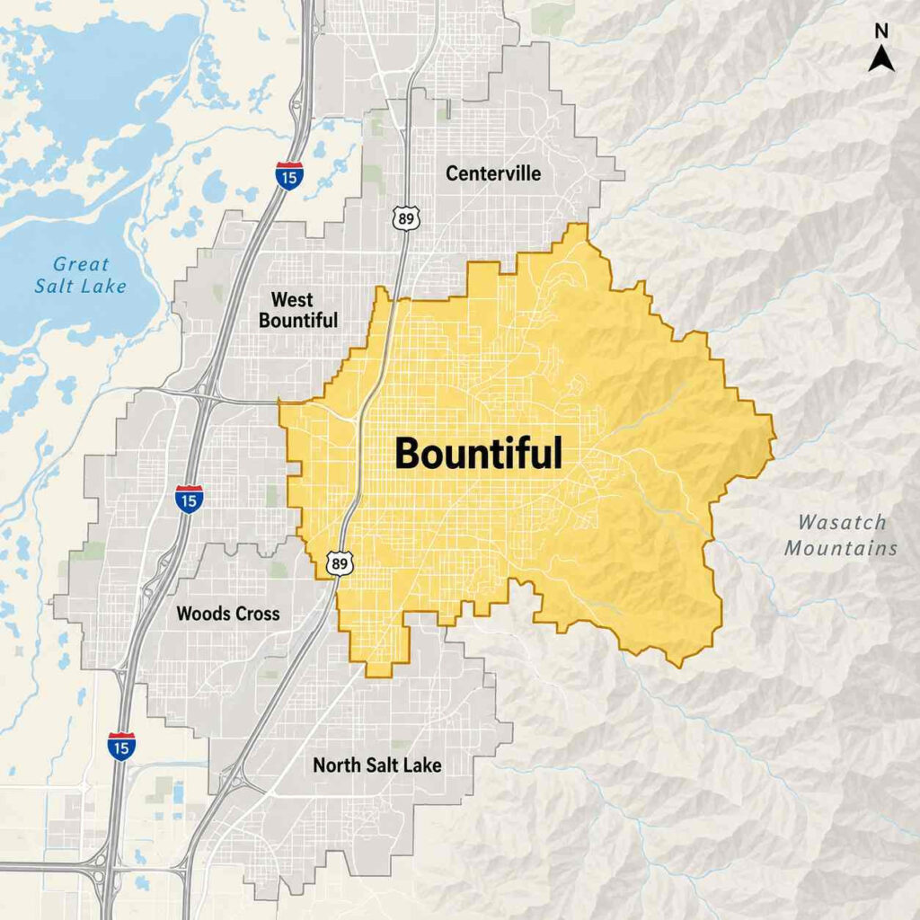 Map showing beeline pest control’s service area in bountiful, utah, with a red dashed boundary around bountiful and nearby areas, including west bountiful, woods cross, creekside park, and mueller park along i-15 and us-89