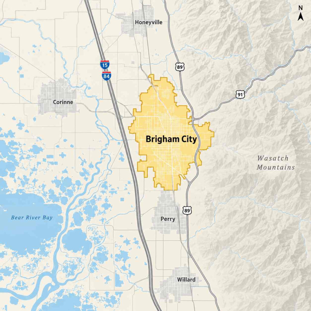 Brigham City Pest Control Services 51 Map showing beeline pest control’s service area in brigham city, utah, including the city center, brigham city municipal airport, and bear river migratory bird refuge near i-15