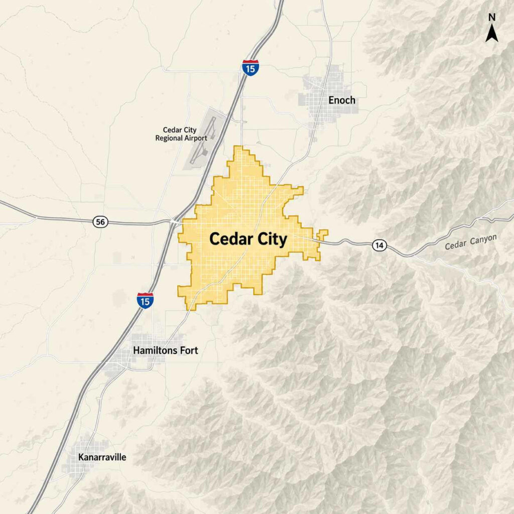 Map of cedar city, utah, highlighting city limits near i-15, highway 14, and cedar canyon in iron county