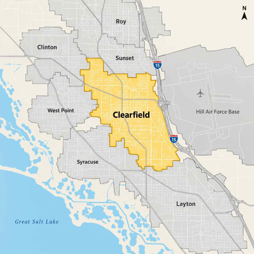 Map of clearfield, utah showing beeline pest control's service area with a red dashed boundary around clearfield and nearby neighborhoods, including rancho markets, antelope drive, and the i-15 corridor.