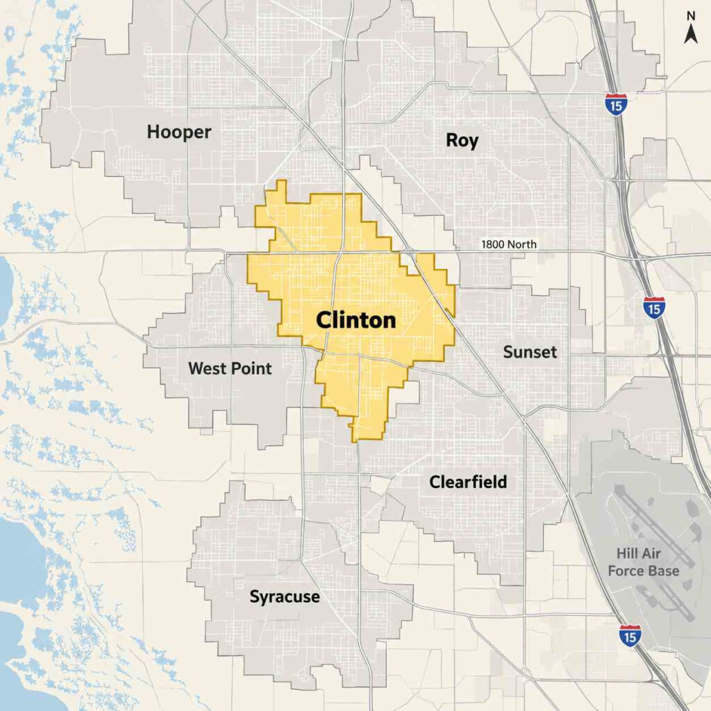Map of clinton, utah, highlighting city limits near i-15, 1800 north, and hill air force base in davis county
