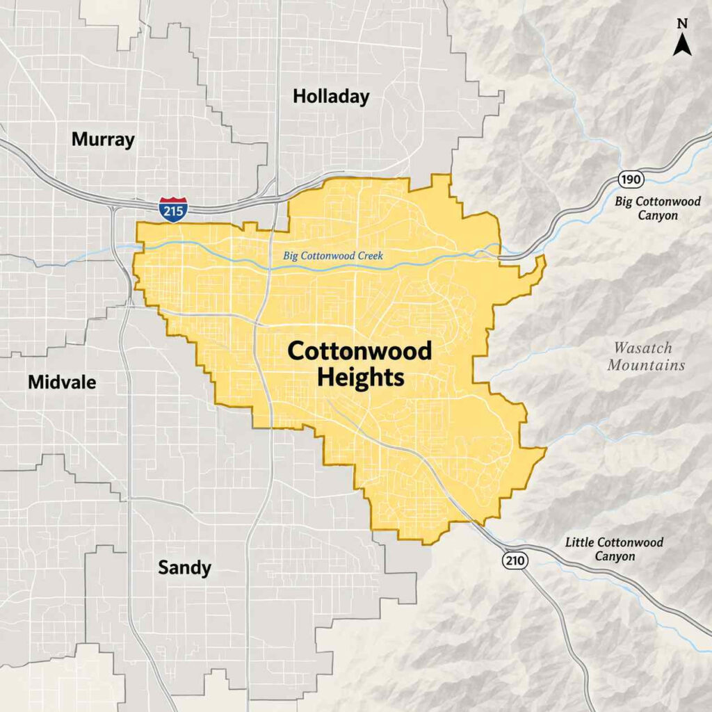 Map of cottonwood heights, utah, highlighting city limits near i-215, big cottonwood canyon, and the wasatch mountains