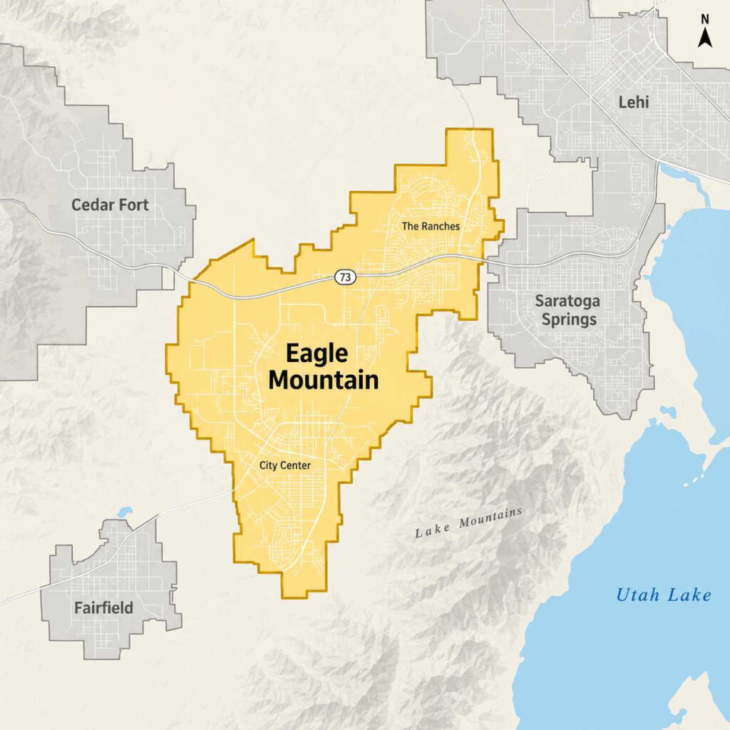 Map of eagle mountain, utah showing the beeline pest control service area, including the city center, nolan park, cory wide memorial park, cedar pass ranch, and silver lake, with neighboring cedar fort, fairfield, and saratoga springs along sr-73.