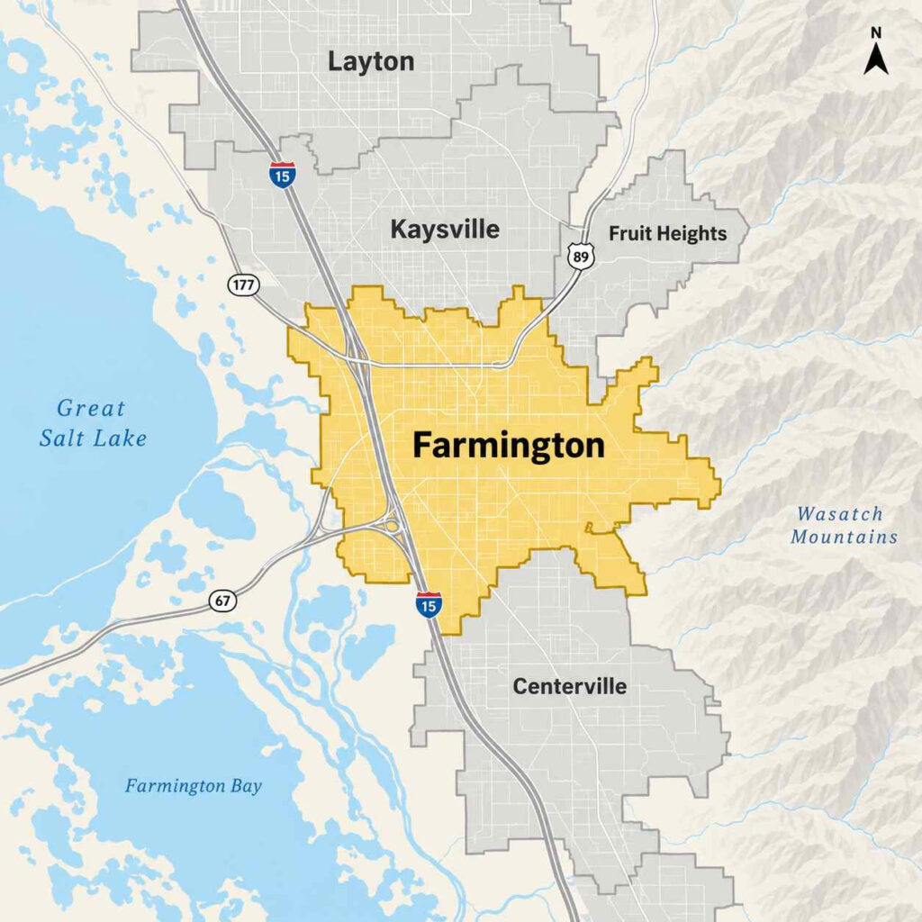 Map of farmington, utah, highlighting city limits near i-15, us-89, and farmington bay on the great salt lake
