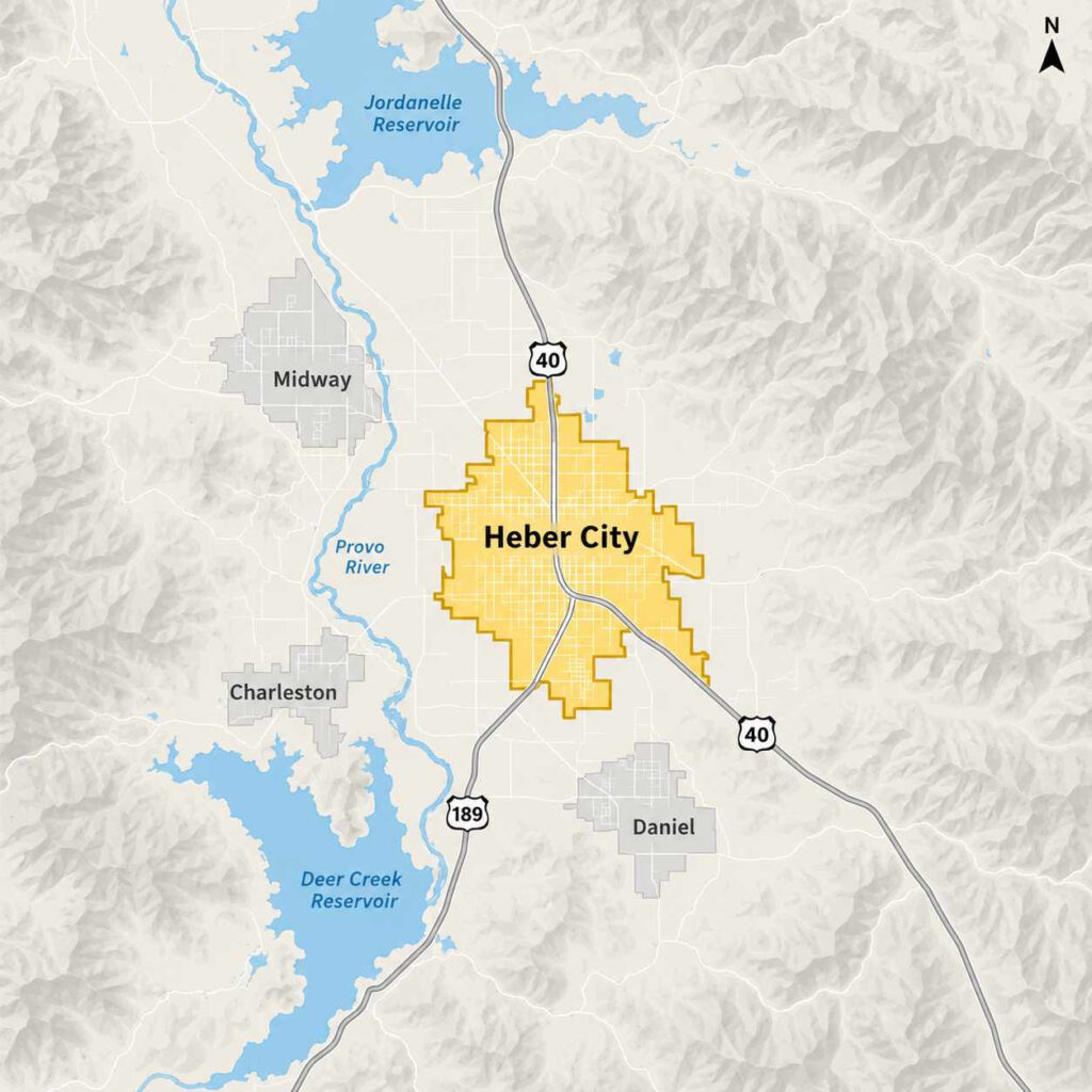 Map of heber city, utah showing the beeline pest control service area, including the city center, heber valley railroad, and wasatch back alpacas, with neighboring communities midway, daniel, independence, and center creek along us-189 and us-40.