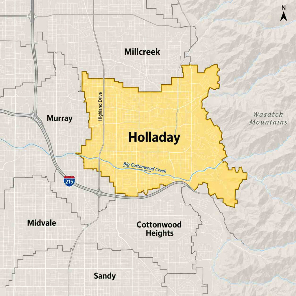 Map showing beeline pest control’s service area in holladay, utah, with a red dashed boundary around holladay and nearby cottonwood heights, including knudsen park, mount olympus trailhead, and old mill golf course.