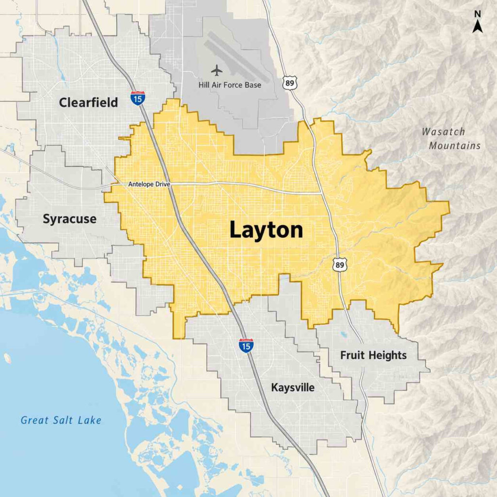 Map of layton, utah, highlighted in yellow near hill air force base and the wasatch mountains, with clearfield, syracuse, kaysville, and the great salt lake nearby.