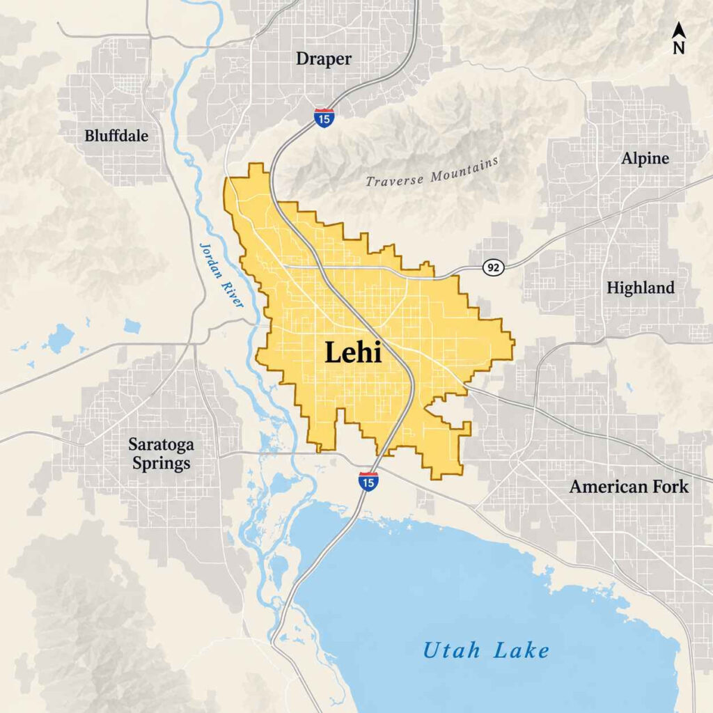 Map of lehi, utah showing the beeline pest control service area, including the city center, lehi family park, ashton gardens at thanksgiving point, and the harvest hills neighborhood, with nearby saratoga hot springs along i-15 and sr-145.