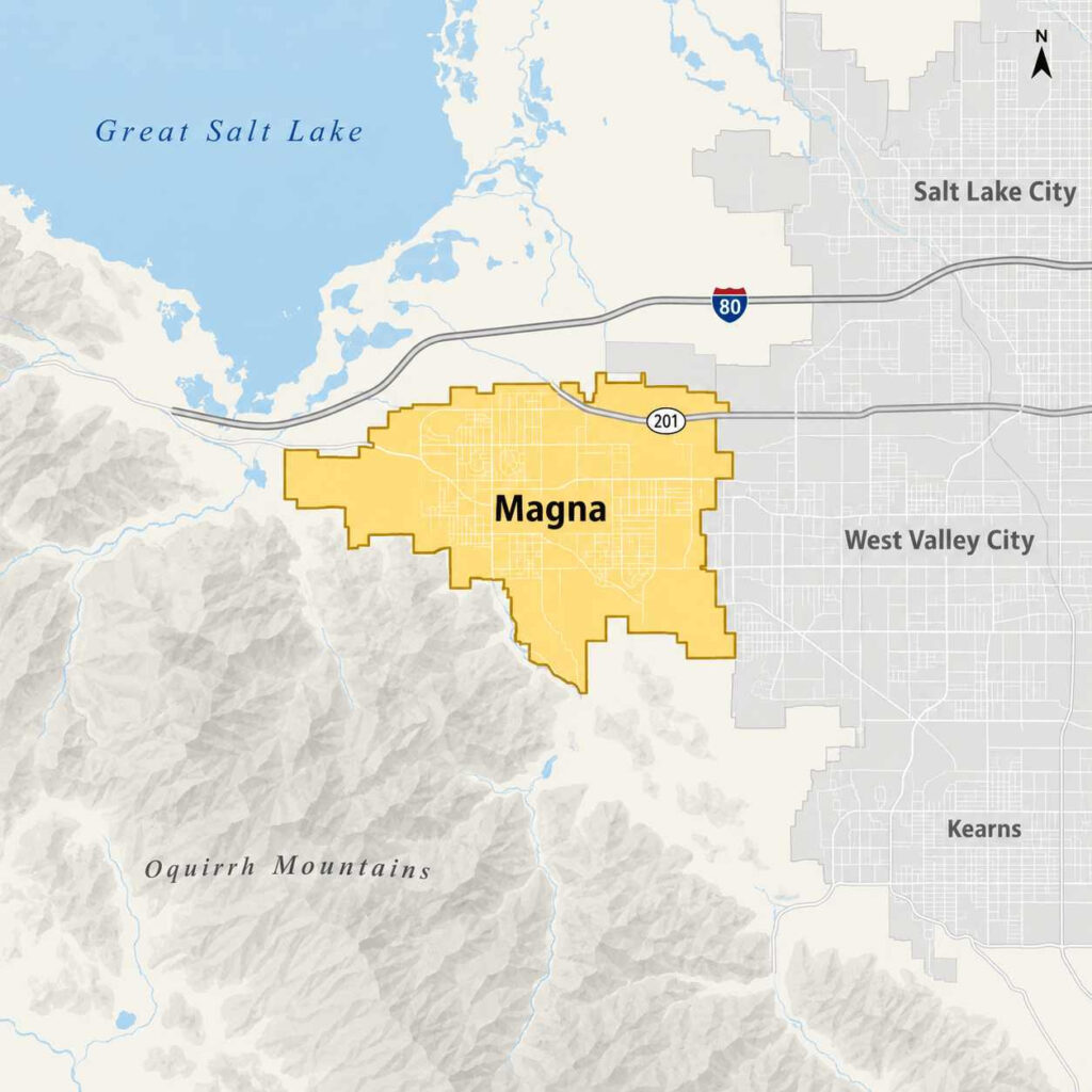 Map of magna, utah showing the beeline pest control service area, including the magna town center, magna regional park, northpointe, and nearby great salt lake state park and lee creek natural area along i-80 and sr-201.