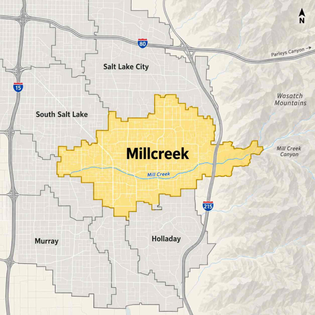 Map of millcreek, utah, highlighted in yellow near mill creek canyon and the wasatch mountains, east of salt lake city