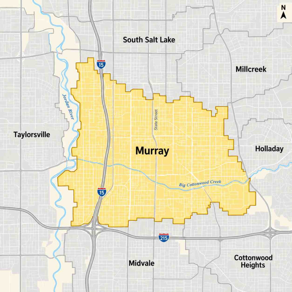 Map of murray, utah, highlighted in yellow, showing its location along big cottonwood creek near the jordan river, between salt lake city suburbs including taylorsville, midvale, and holladay.