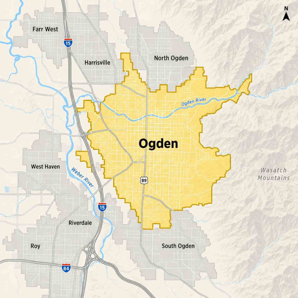Map showing beeline pest control's service area in ogden, utah, with a red dashed boundary around downtown ogden and nearby areas, including ogden's george s. Eccles dinosaur park, ogden nature center, weber state university, and neighboring harrisville and south ogden along i-15 and us-89