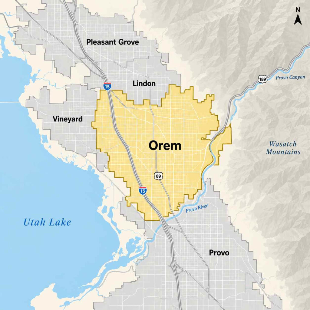 Map of orem, utah, highlighted in yellow along the shore of utah lake at the base of the wasatch mountains, just north of provo and the provo river.