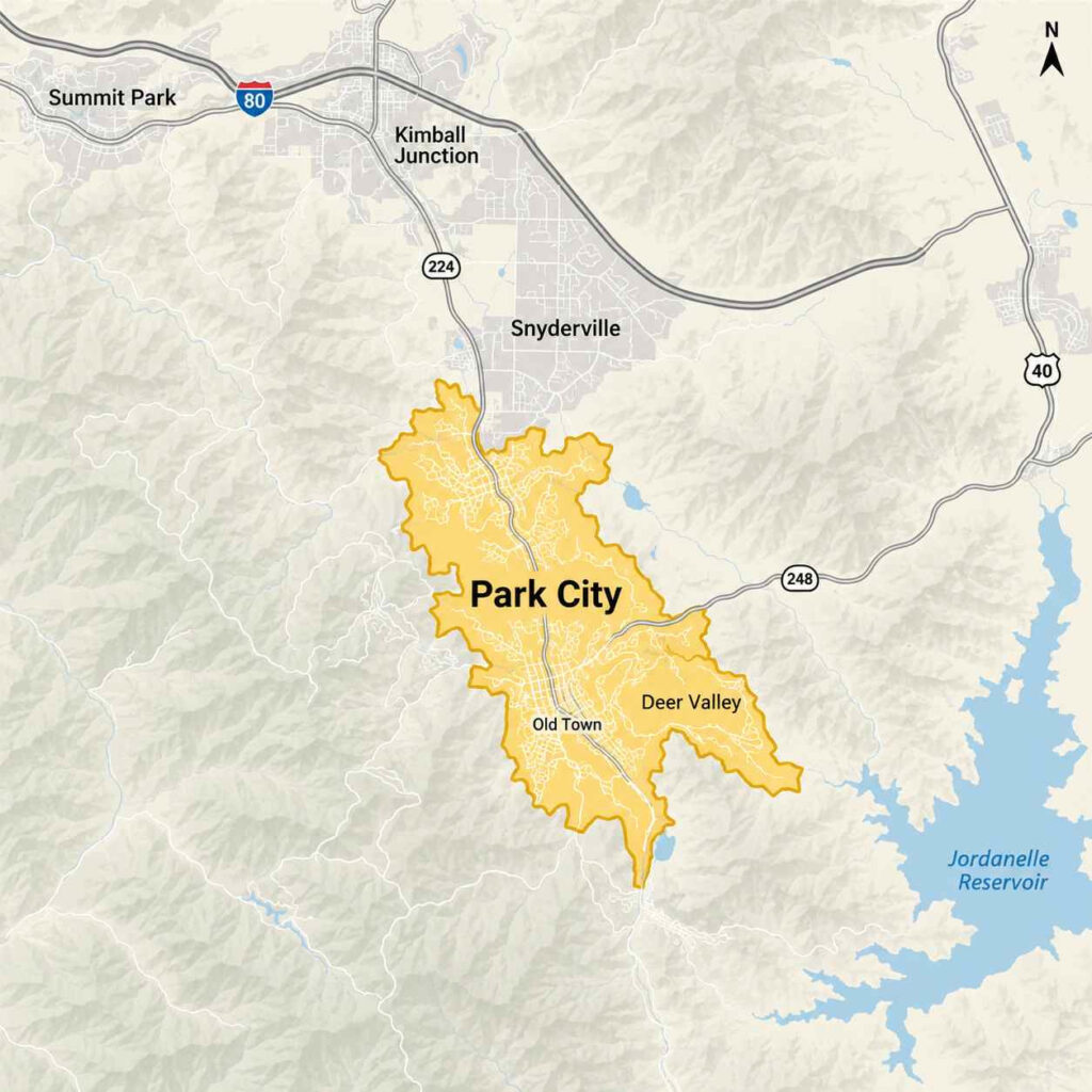 Map showing beeline pest control’s service area around park city, utah, with a red dashed boundary encompassing park city and nearby areas including snyderville and deer valley, near mcpolin farm nature trail and jordanelle state park.