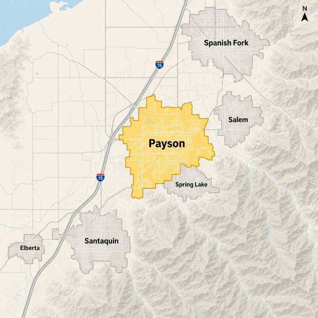 Map of payson, utah showing the beeline pest control service area, including the city center, mountainland technical college payson campus, payson canyon kiwanis park, gladstan golf course, and neighboring areas near salem, elk ridge, and spring lake along i-15