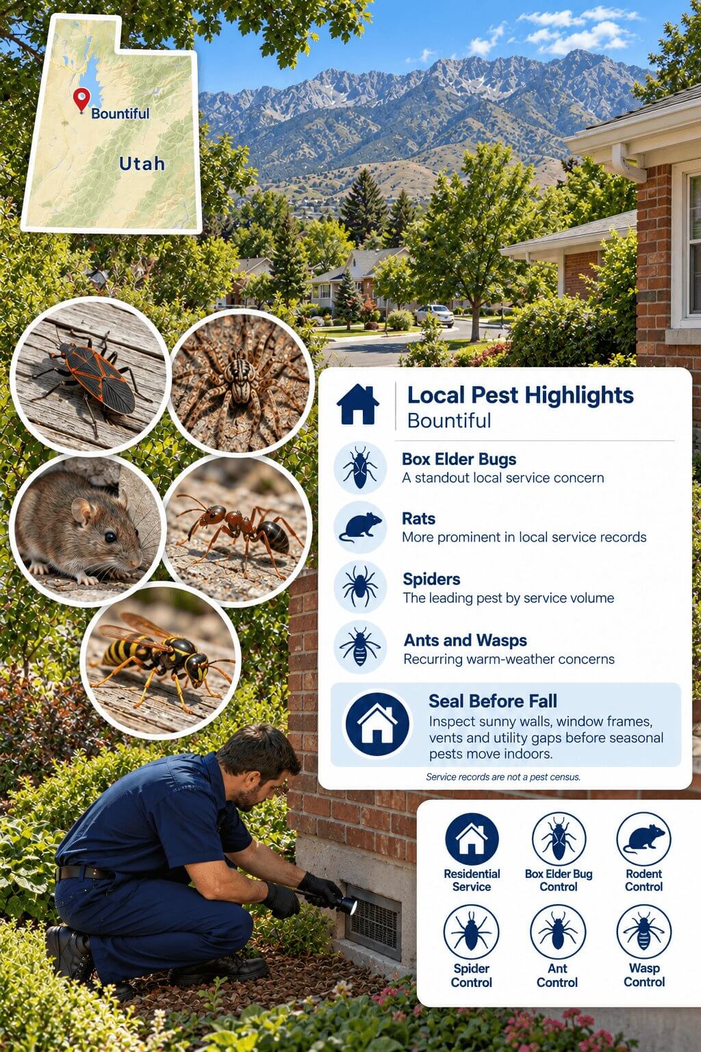 Bountiful, utah pest-control infographic showing a technician treating a home exterior, local pest images, and service highlights for box elder bugs, rodents, spiders, ants, and wasps.