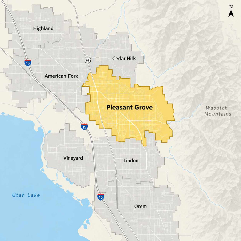 Map of pleasant grove, utah showing the beeline pest control service area, including the city center, discovery park, battle creek falls trail head, grove creek canyon trailhead, and neighboring areas near american fork, lindon, and cedar hills along state street and i-15.