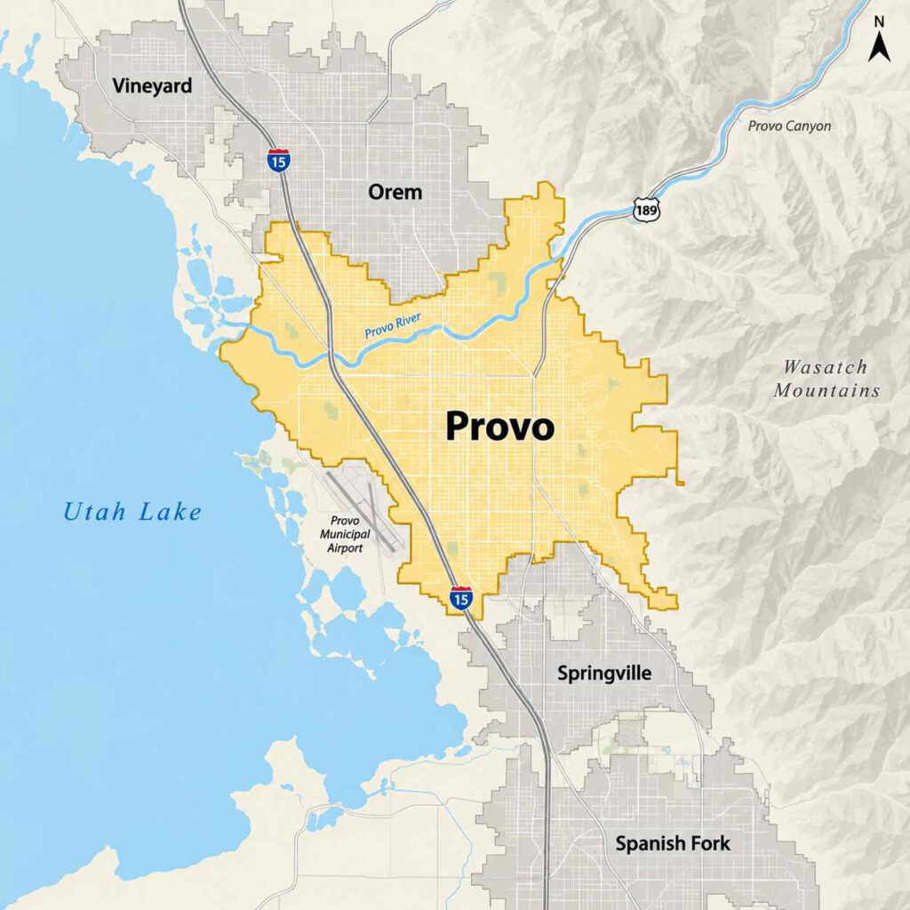Map of provo, utah, highlighted in yellow between utah lake and the wasatch mountains, showing the provo river, provo municipal airport, and nearby orem and springville.