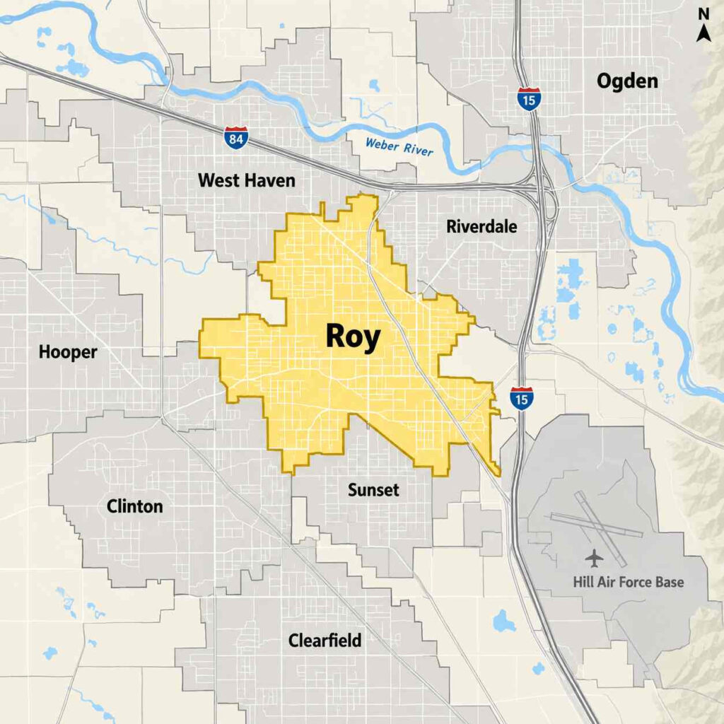 Map of roy, utah, highlighted in yellow near the weber river and hill air force base, between ogden, west haven, sunset, and clinton.