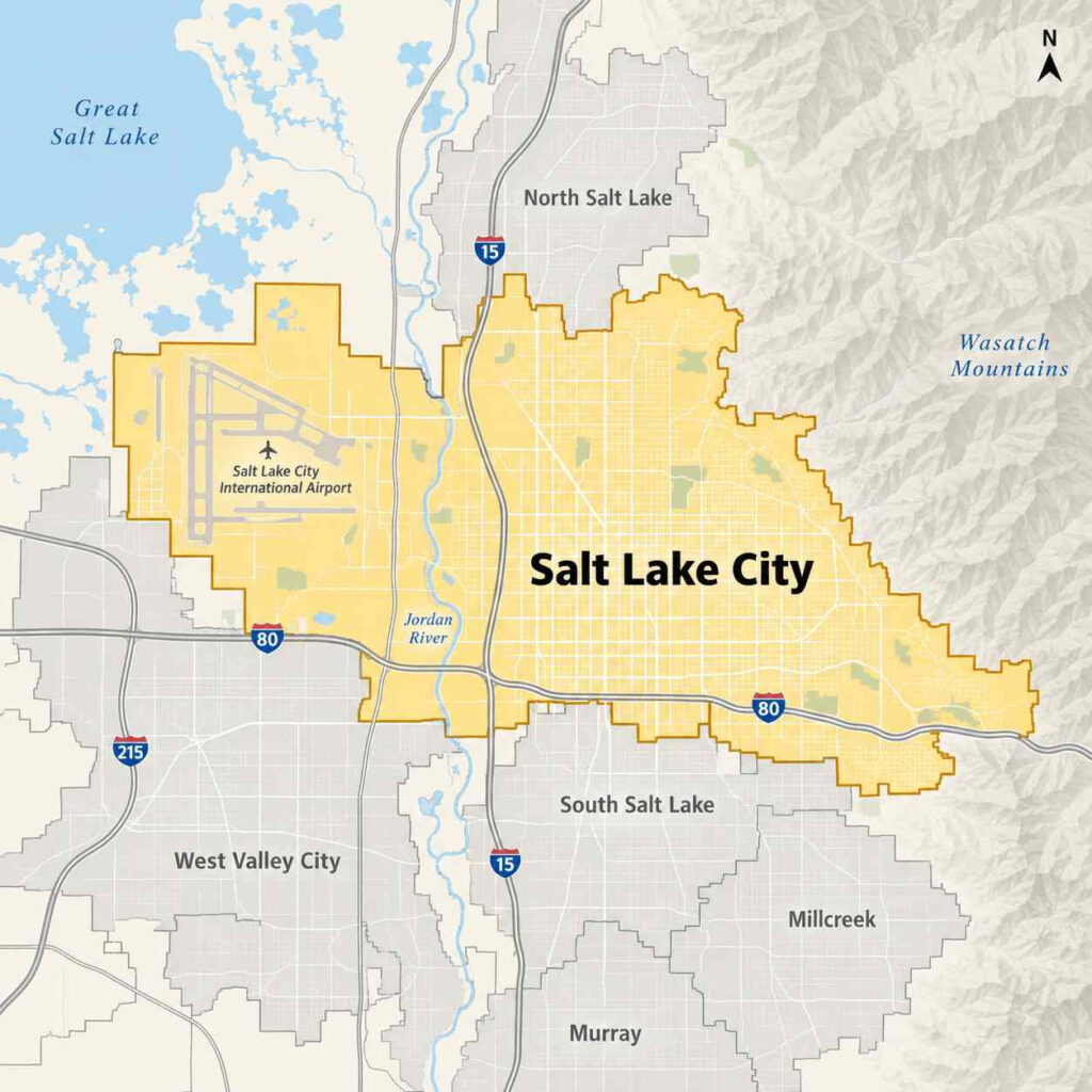 Map showing beeline pest control’s service area in salt lake city, utah, with a red dashed boundary around downtown, salt lake city international airport, temple square, liberty park, and nearby areas including north salt lake and emigration canyon.