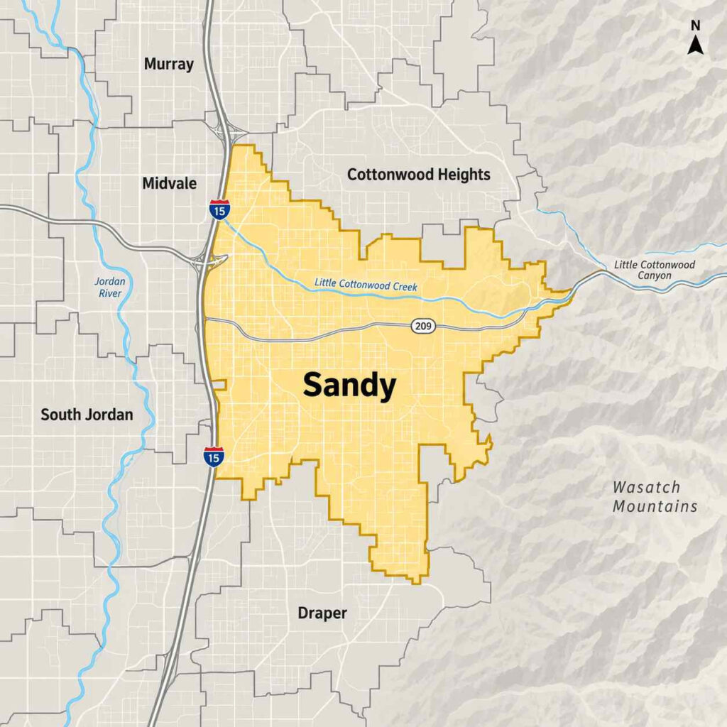 Map showing beeline pest control’s service area in sandy, utah, with a red dashed boundary around sandy and nearby neighborhoods, including amphitheater park, dimple dell regional park, and bell canyon trailhead near i-15 and state street
