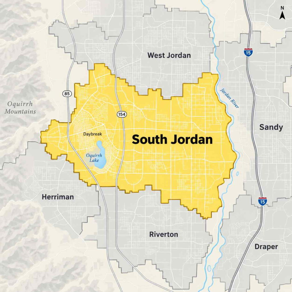 Map of south jordan, utah, highlighted in yellow along the jordan river, showing the daybreak community and oquirrh lake, with west jordan, herriman, and riverton nearby.