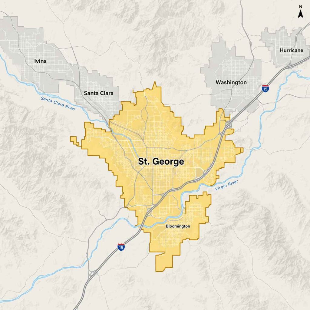 Map of st. George, utah, highlighted in yellow at the confluence of the virgin and santa clara rivers, with ivins, santa clara, washington, and the bloomington neighborhood nearby.