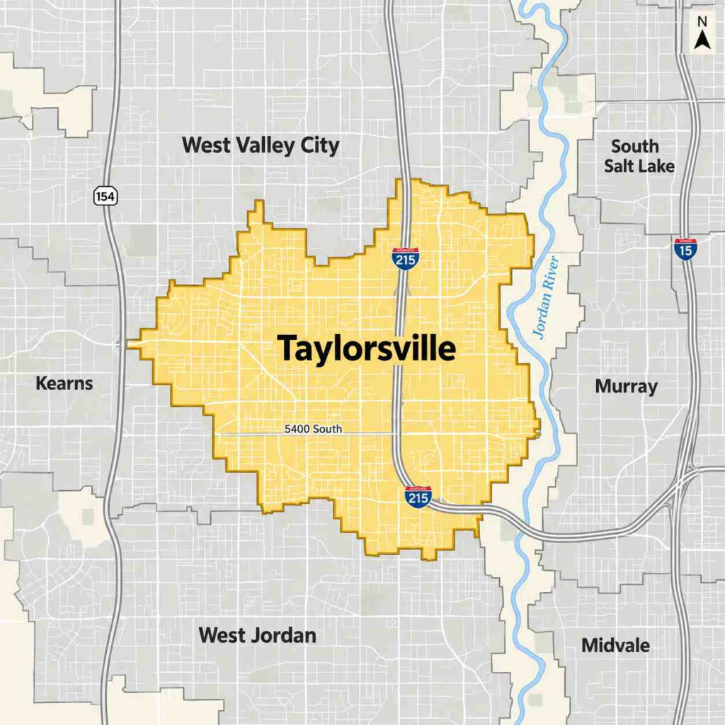 Map of taylorsville, utah, highlighted in yellow near the jordan river, with state route 154 and interstate 215 crossing the area and west valley city, kearns, murray, and west jordan nearby.