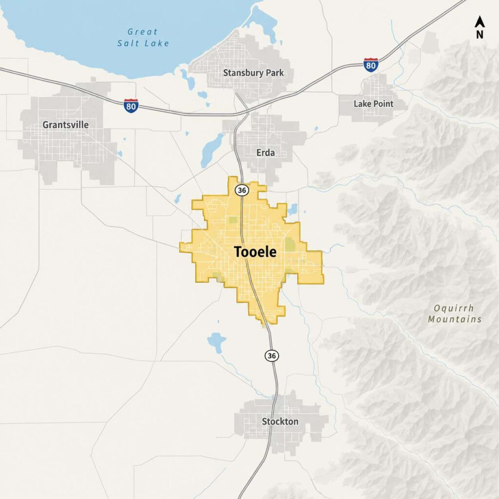 Map of tooele, utah, highlighted in yellow along highway 36, southwest of the oquirrh mountains and near the great salt lake, with grantsville, erda, and stockton nearby.