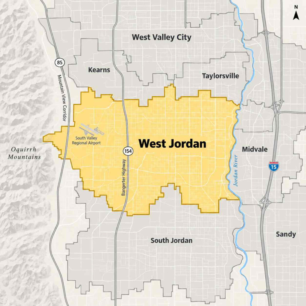 Map of west jordan, utah, highlighted in yellow between the oquirrh mountains and jordan river, showing south valley regional airport and nearby taylorsville, midvale, and south jordan.